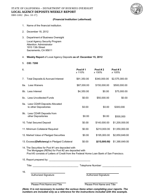 Form DBO-1002 Local Agency Deposits Weekly Report - California