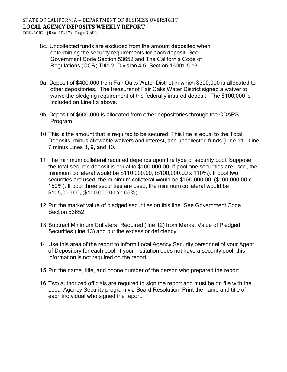 Form DBO-1002 Local Agency Deposits Weekly Report - California, Page 3
