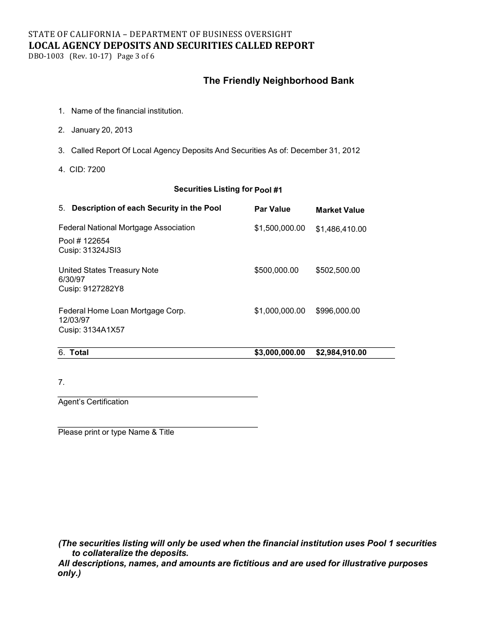 Form DBO-1003 Local Agency Deposits and Securities Called Report - California, Page 3