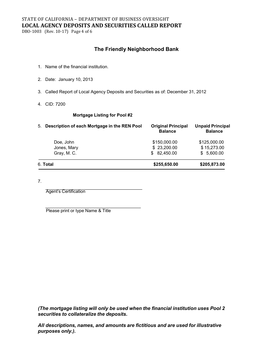 Form DBO-1003 Local Agency Deposits and Securities Called Report - California, Page 4