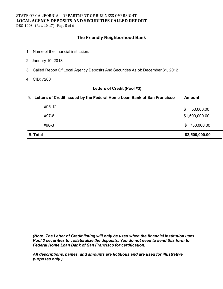 Form DBO-1003 Local Agency Deposits and Securities Called Report - California, Page 5