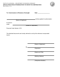 Document preview: Form DBO700 Application for Authorization to Invest in Corporation - California