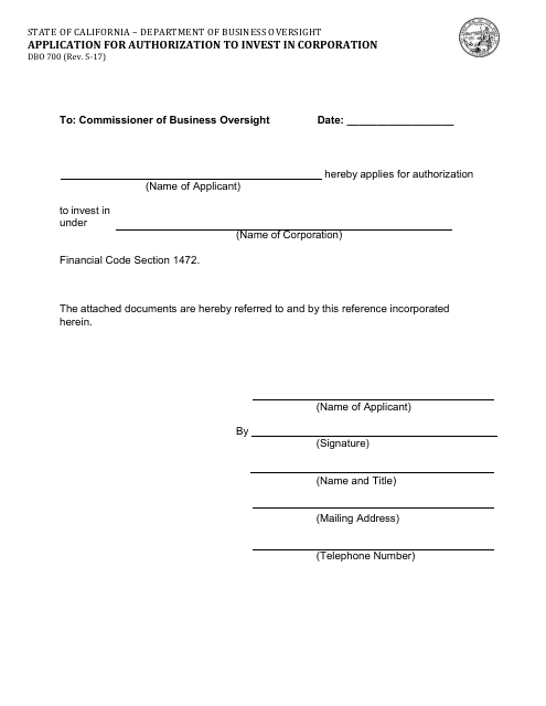 Form DBO700 Application for Authorization to Invest in Corporation - California