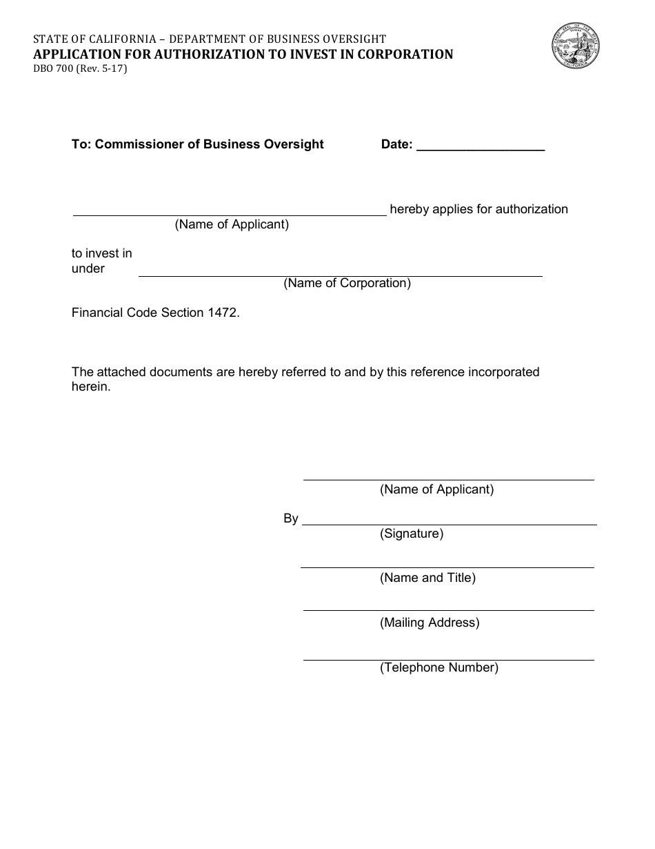 Form DBO700 Application for Authorization to Invest in Corporation - California, Page 1