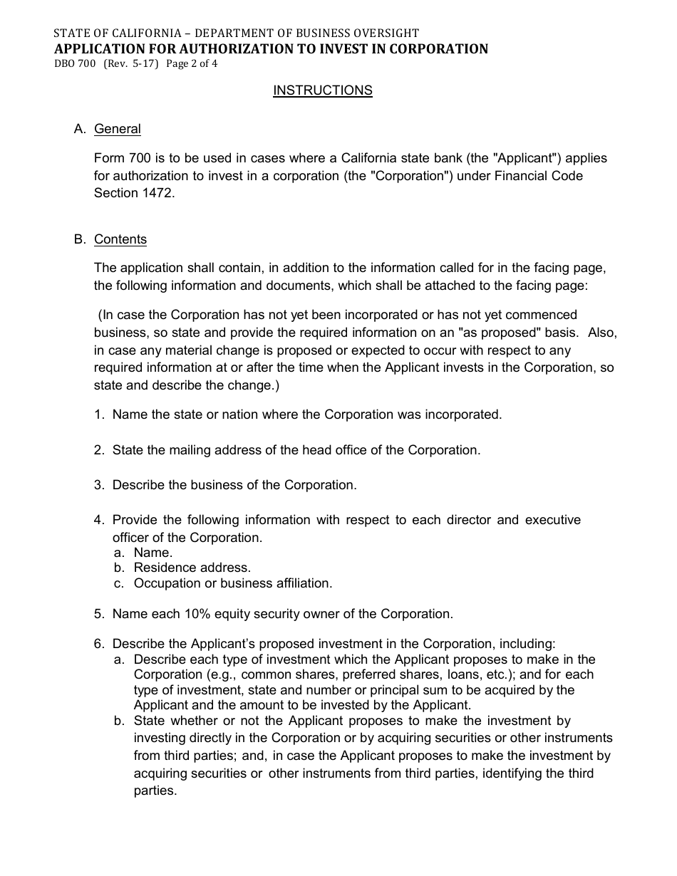 Form DBO700 Application for Authorization to Invest in Corporation - California, Page 2