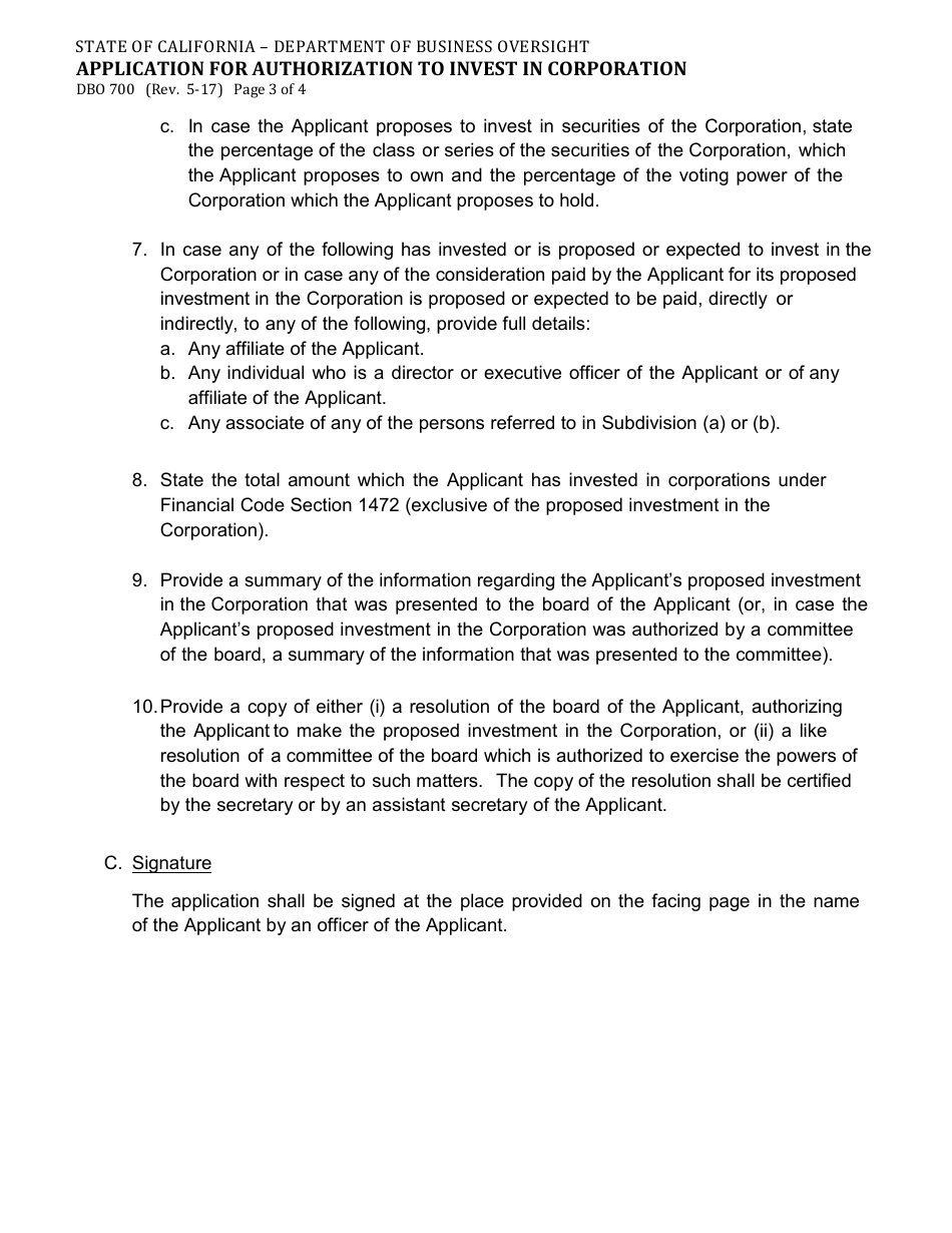 Form DBO700 Application for Authorization to Invest in Corporation - California, Page 3