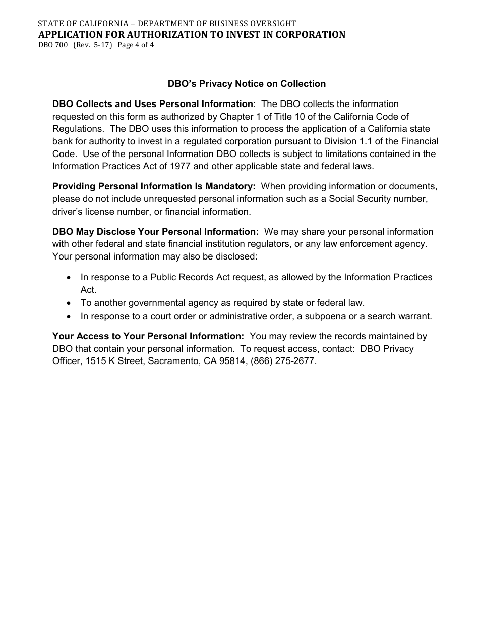 Form DBO700 Application for Authorization to Invest in Corporation - California, Page 4