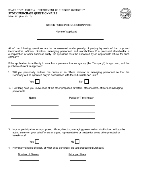 Form DBO-1802 Stock Purchase Questionnaire - California