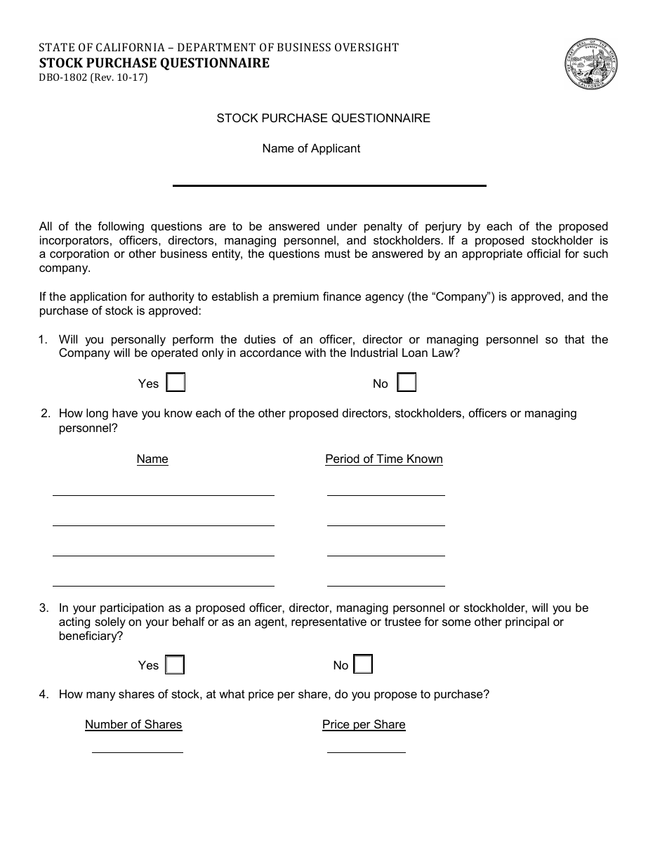 Form DBO-1802 Stock Purchase Questionnaire - California, Page 1