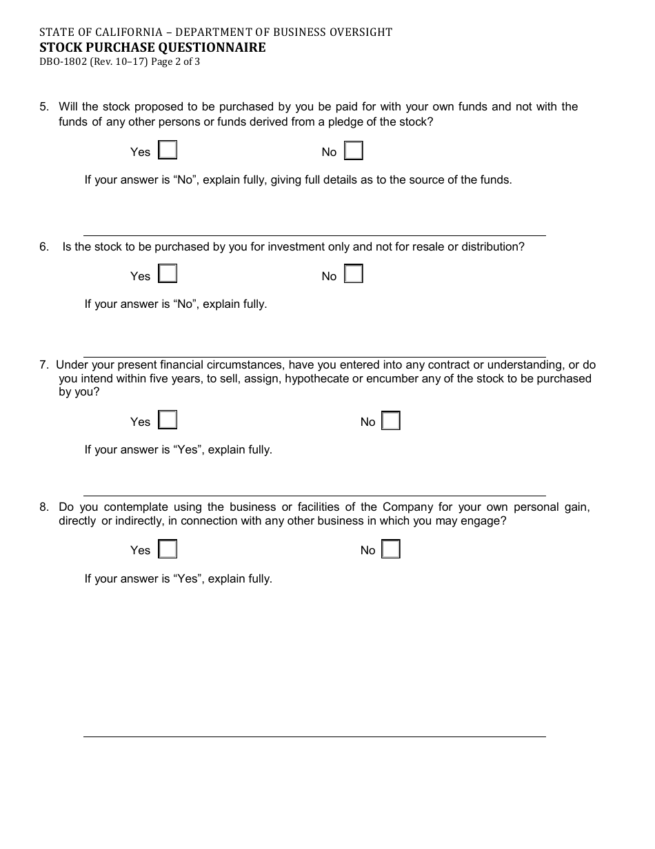 Form DBO-1802 Stock Purchase Questionnaire - California, Page 2