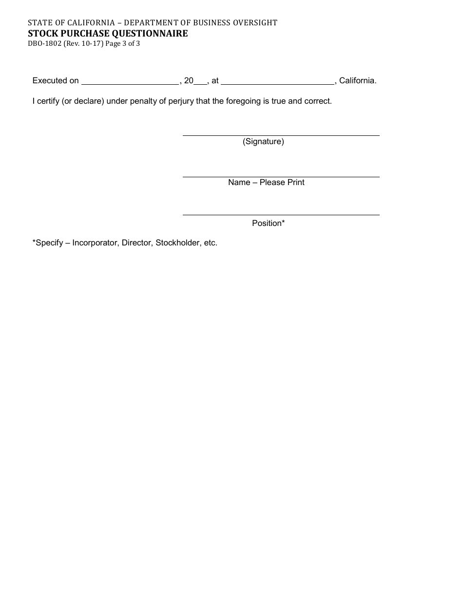 Form DBO-1802 Stock Purchase Questionnaire - California, Page 3