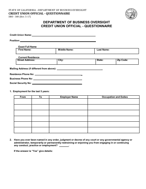 Form DBO-380 Credit Union Official - Questionnaire - California