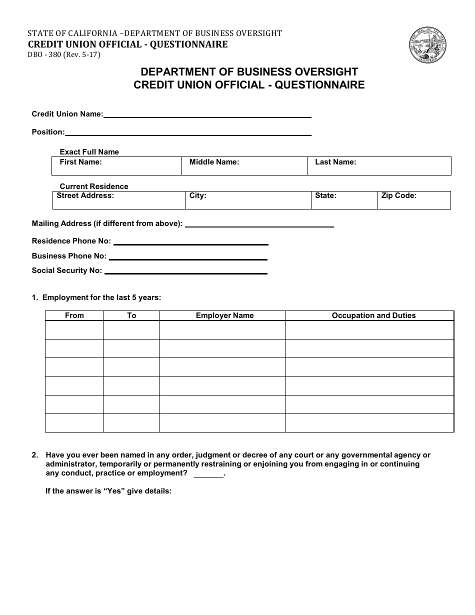Form DBO-380 Credit Union Official - Questionnaire - California, Page 1