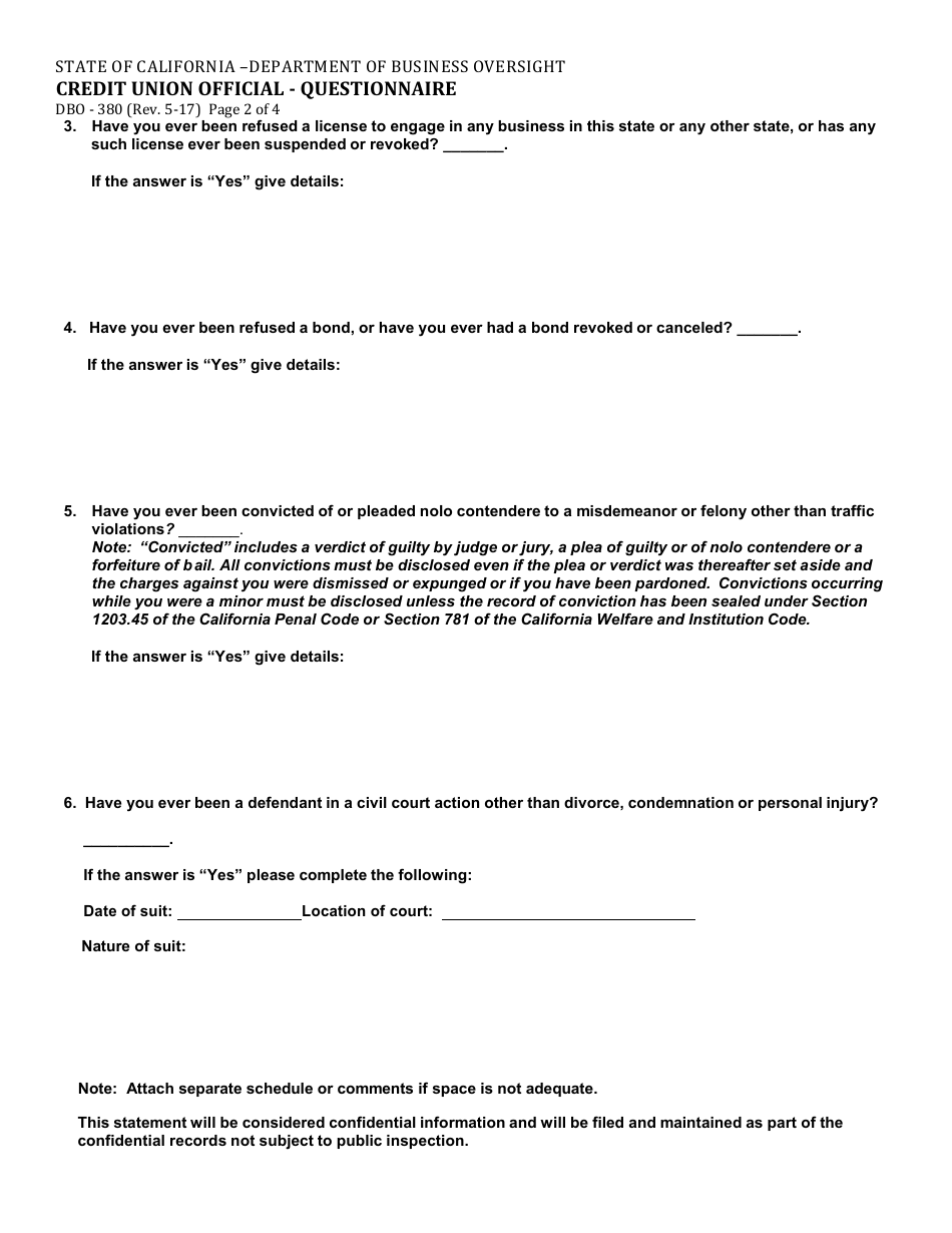 Form DBO-380 Credit Union Official - Questionnaire - California, Page 2