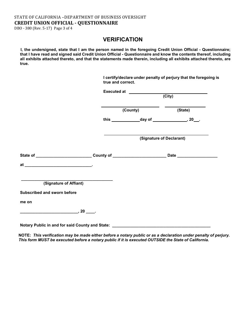 Form DBO-380 Credit Union Official - Questionnaire - California, Page 3