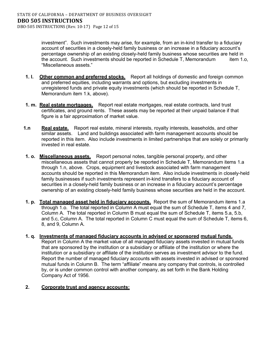 Instructions for Form DBO-505 Schedule T Fiduciary and Related Services - California, Page 12