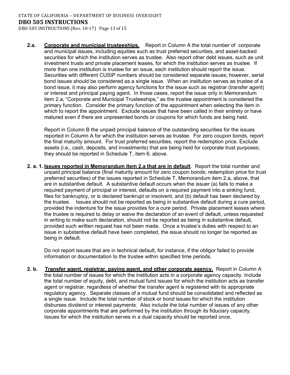 Instructions for Form DBO-505 Schedule T Fiduciary and Related Services - California, Page 13