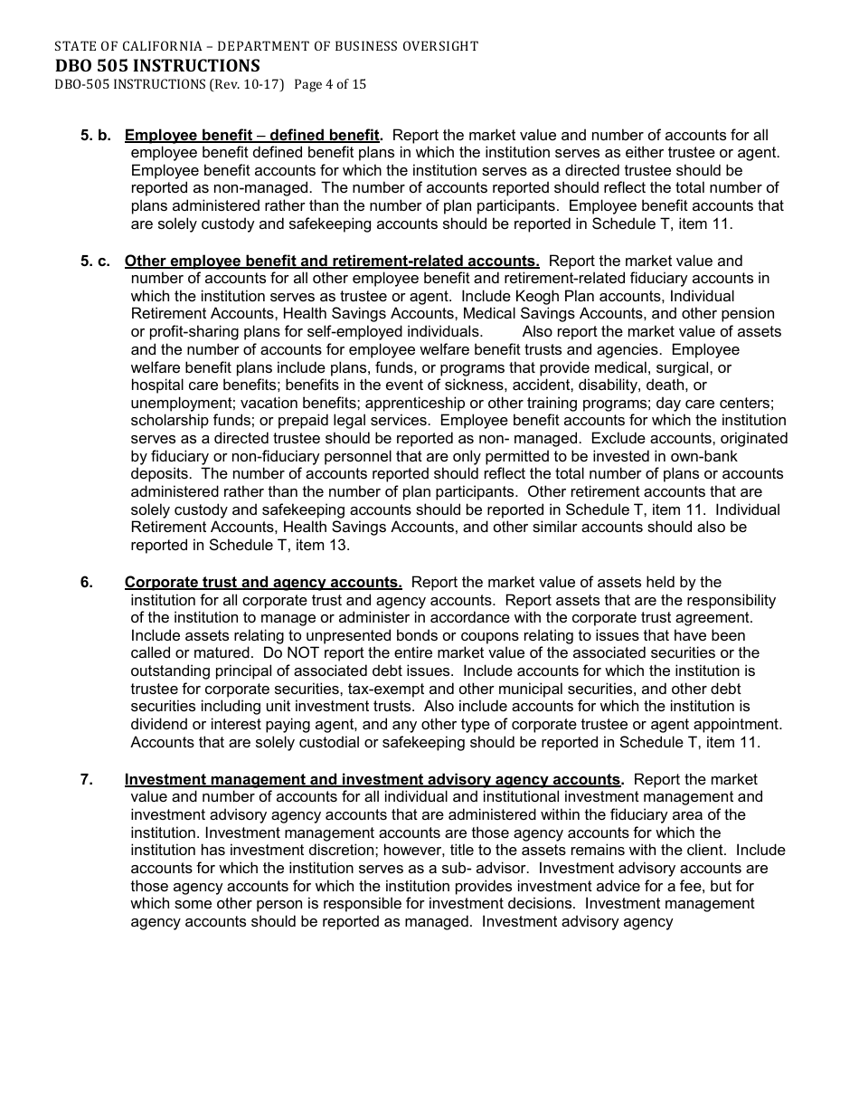 Instructions for Form DBO-505 Schedule T Fiduciary and Related Services - California, Page 4