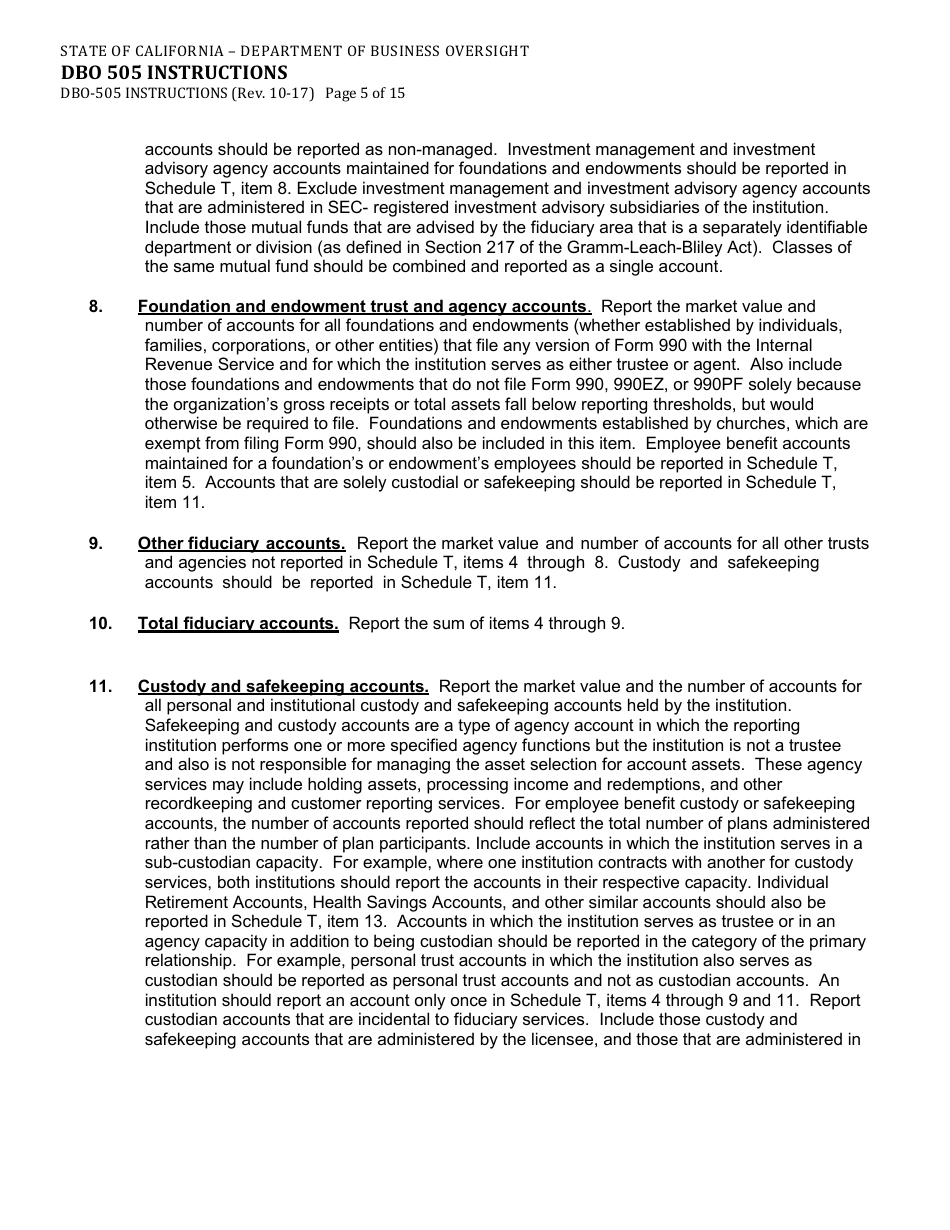 Instructions for Form DBO-505 Schedule T Fiduciary and Related Services - California, Page 5