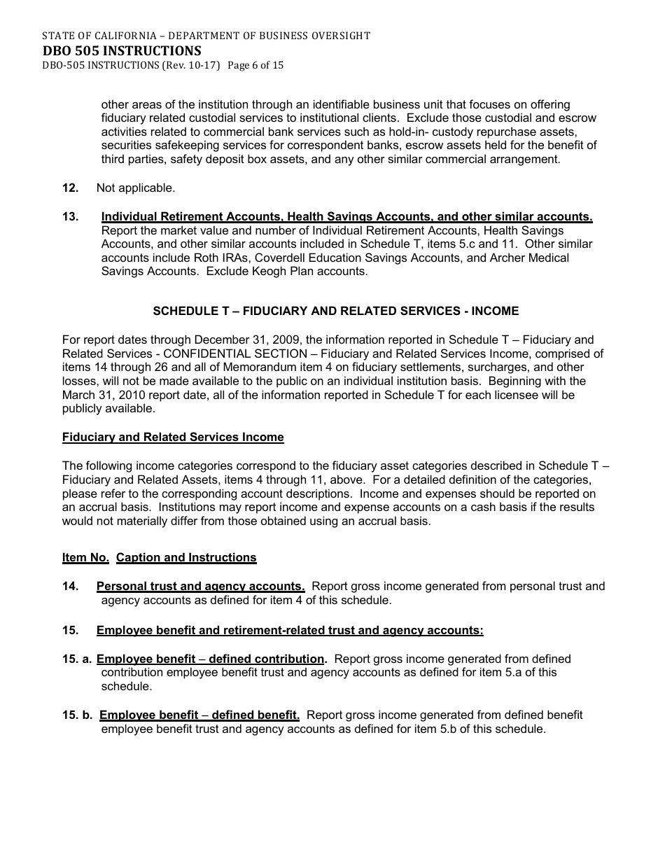 Instructions for Form DBO-505 Schedule T Fiduciary and Related Services - California, Page 6