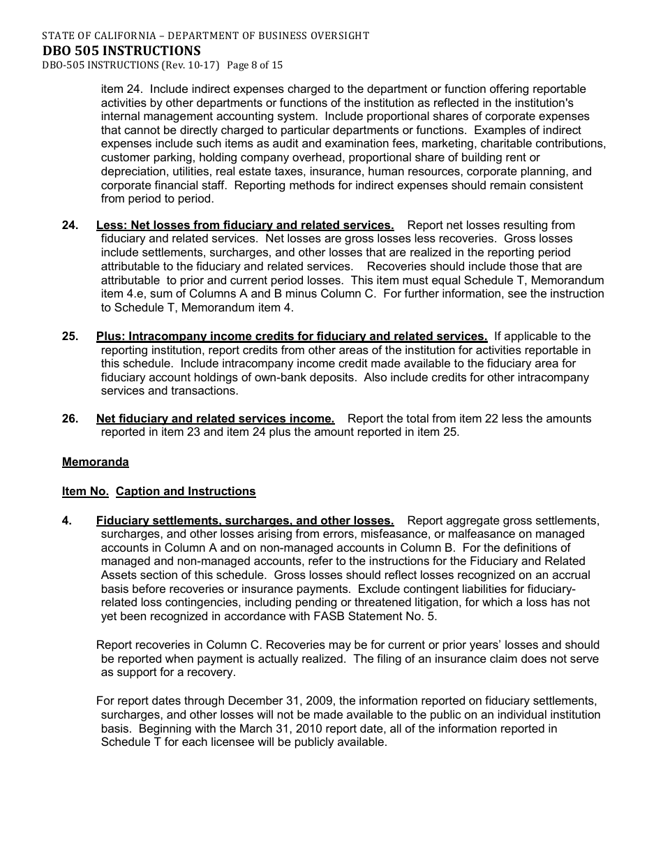 Instructions for Form DBO-505 Schedule T Fiduciary and Related Services - California, Page 8