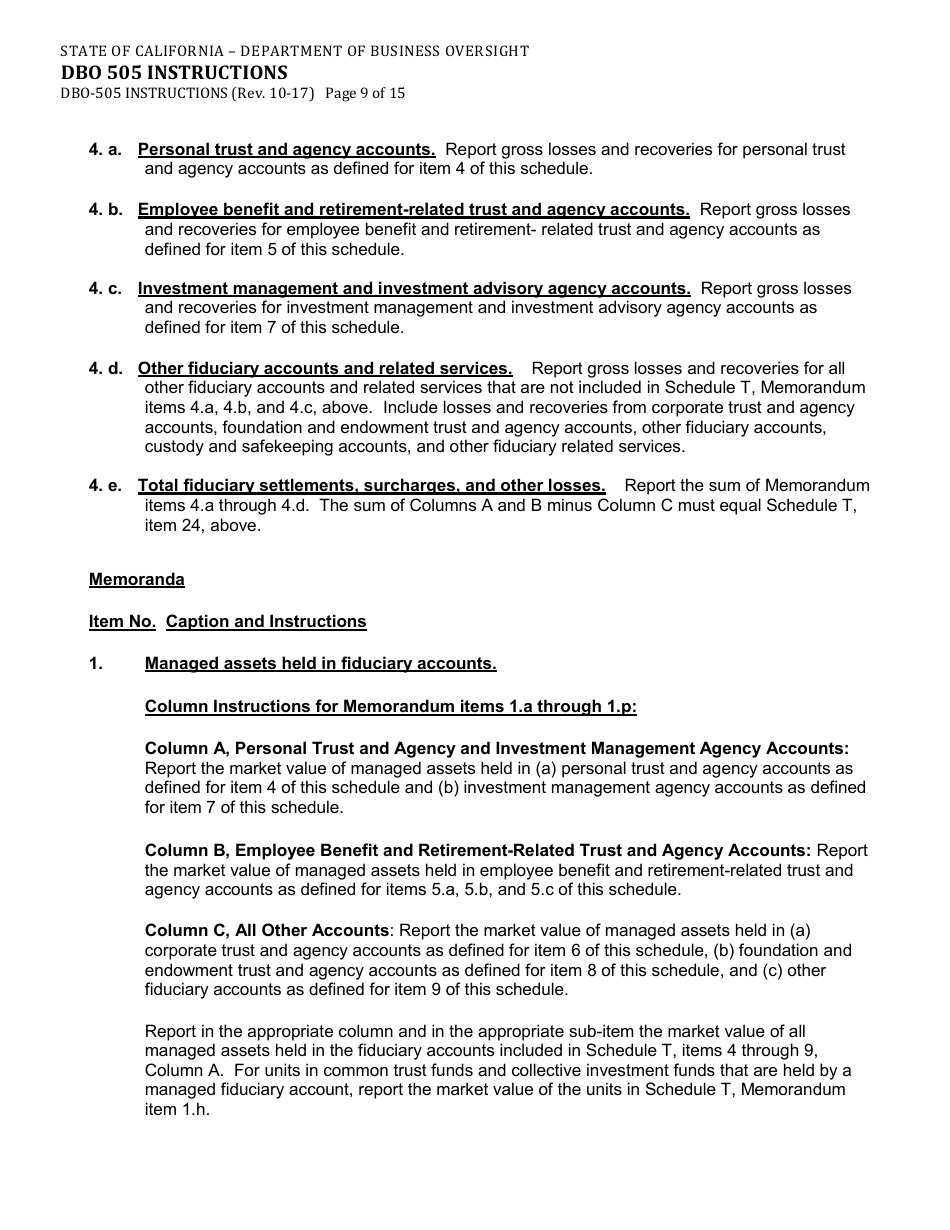 Instructions for Form DBO-505 Schedule T Fiduciary and Related Services - California, Page 9