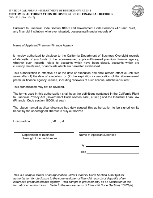 Form DBO-1821 Customer Authorization of Disclosure of Financial Records - California