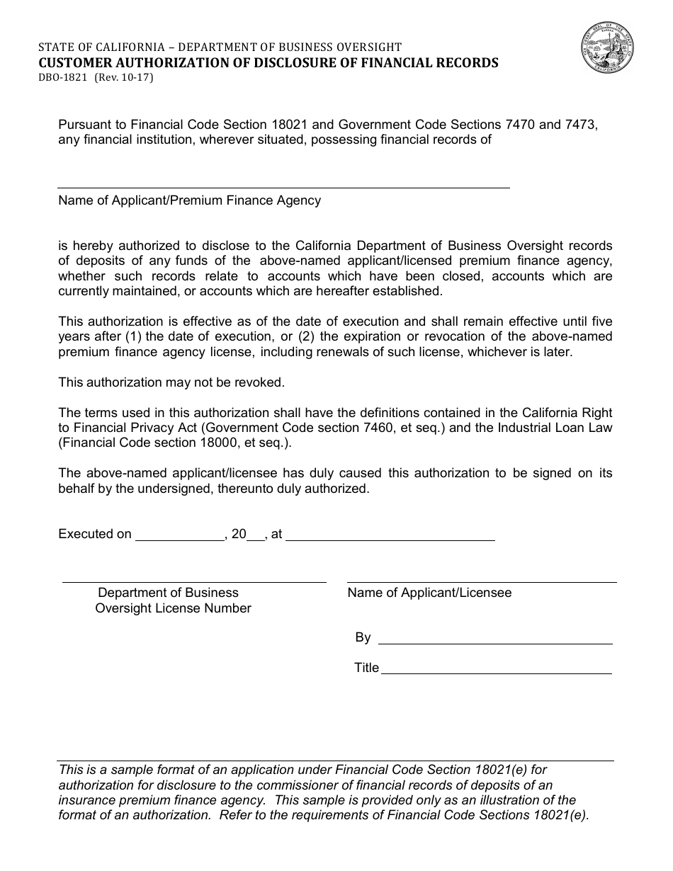 Form DBO-1821 Customer Authorization of Disclosure of Financial Records - California, Page 1