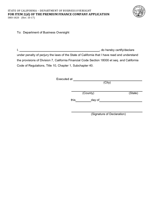 Form DBO-1820 For Item 2(D) of the Premium Finance Company Application - California