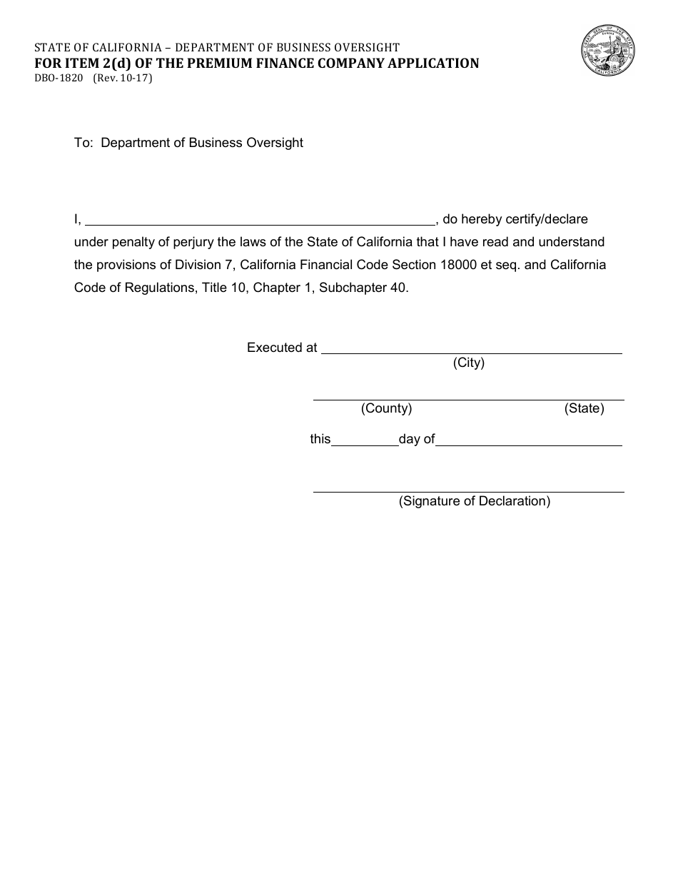 Form DBO-1820 For Item 2(D) of the Premium Finance Company Application - California, Page 1