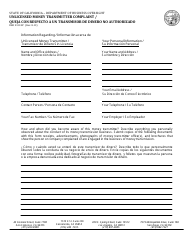 Document preview: Form DBO2120 SP Unlicensed Money Transmitter Complaint / Queja Con Respecto a Un Transmisor De Dinero No Authorizado - California (English/Spanish)