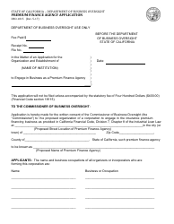 Form DBO-1815 Premium Finance Agency Application - California