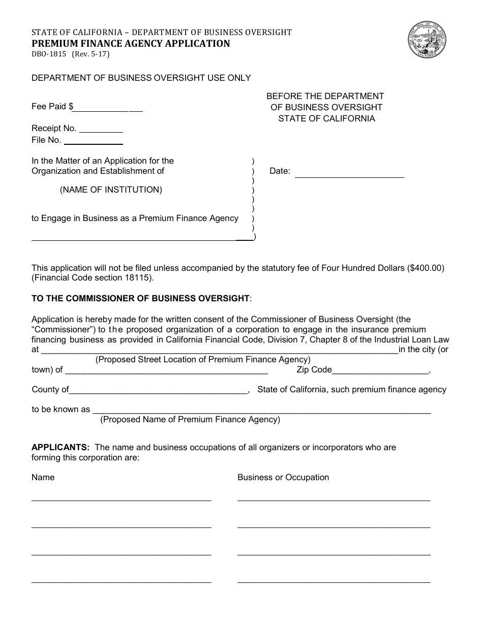 Form DBO-1815 Premium Finance Agency Application - California, Page 1