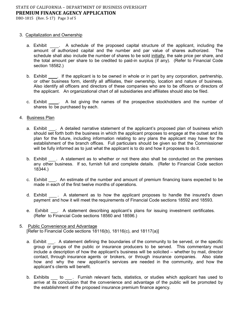 Form DBO-1815 Premium Finance Agency Application - California, Page 3