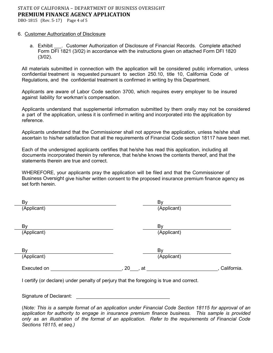 Form DBO-1815 Premium Finance Agency Application - California, Page 4