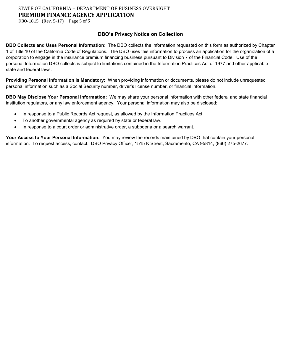 Form DBO-1815 Premium Finance Agency Application - California, Page 5