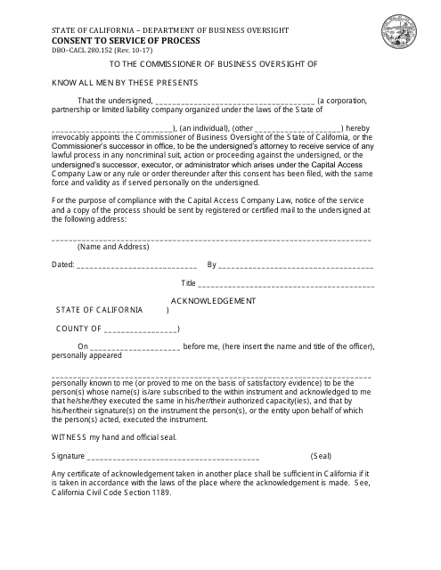Form DBO-CACL280.152 Consent to Service of Process - California