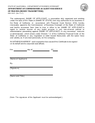 Document preview: Form DBO-5025 Appointment of Commissioner as Agent for Service of Process (Money Transmitters) - California
