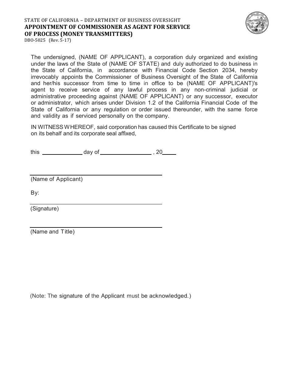 Form DBO5025 Download Fillable PDF or Fill Online