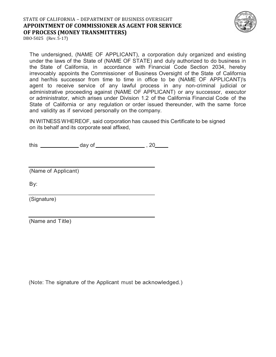 Form DBO-5025 Appointment of Commissioner as Agent for Service of Process (Money Transmitters) - California, Page 1