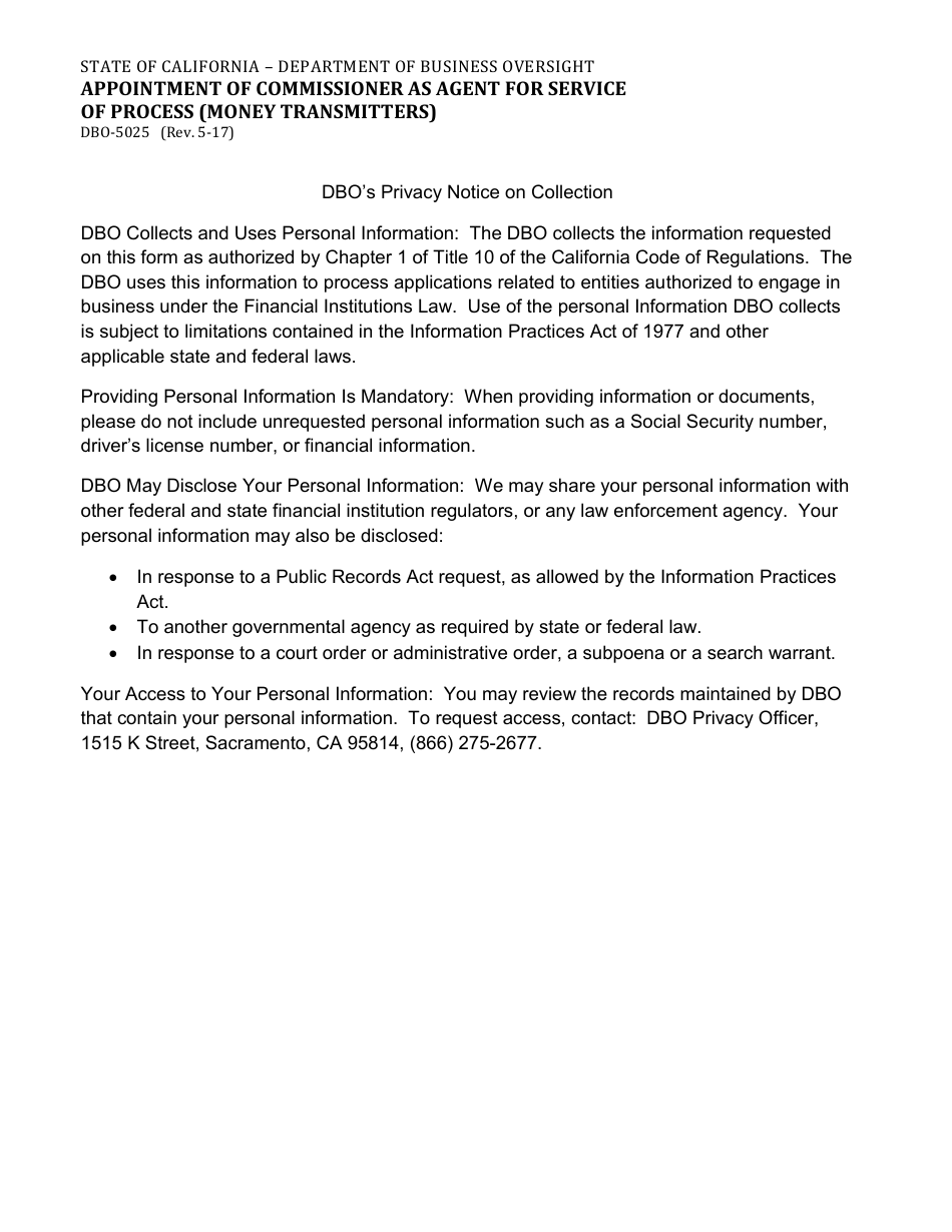Form DBO-5025 Appointment of Commissioner as Agent for Service of Process (Money Transmitters) - California, Page 2
