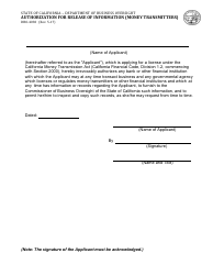Form DBO-4030 Authorization for Release of Information (Money Transmitters) - California
