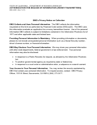 Form DBO-4030 Authorization for Release of Information (Money Transmitters) - California, Page 2