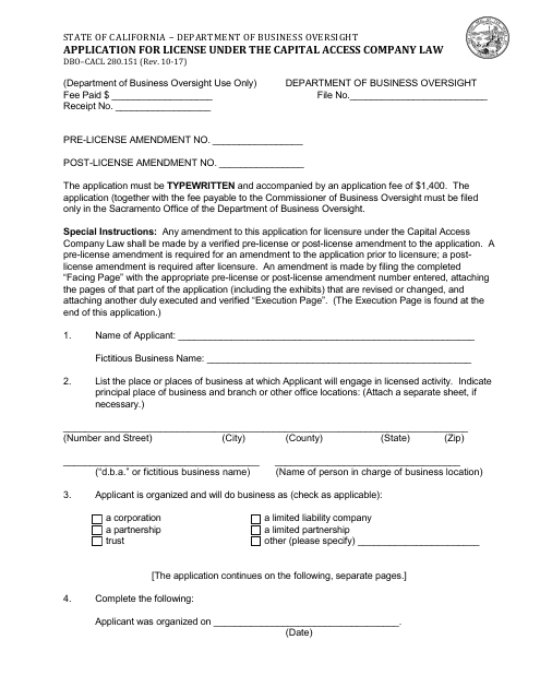 Form DBO-CACL280.151 Application for License Under the Capital Access Company Law - California