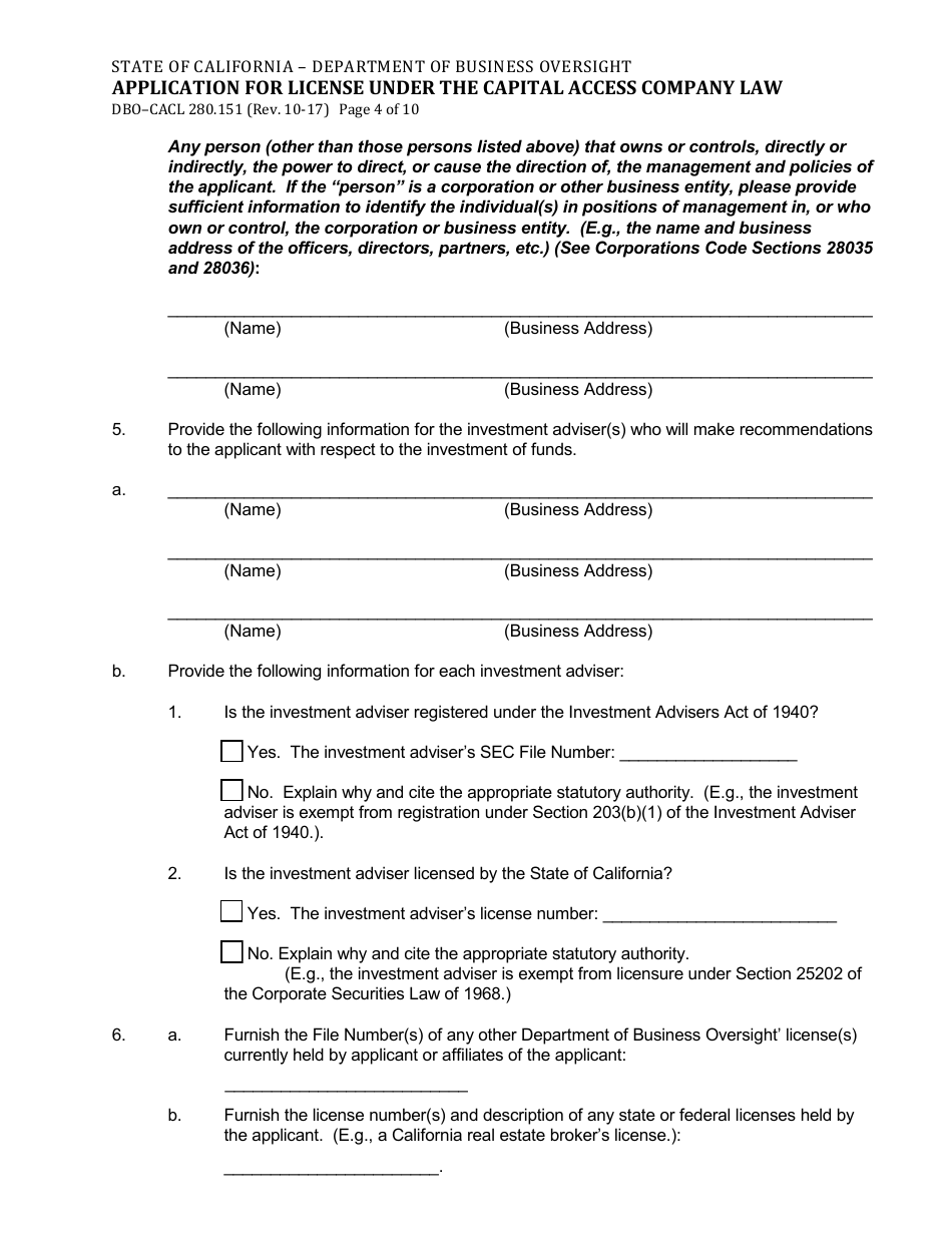 Form DBO-CACL280.151 Application for License Under the Capital Access Company Law - California, Page 4