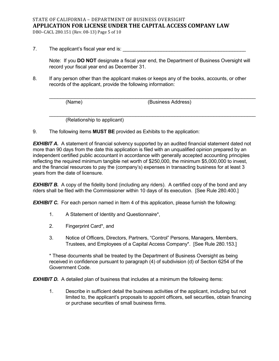Form DBO-CACL280.151 Application for License Under the Capital Access Company Law - California, Page 5