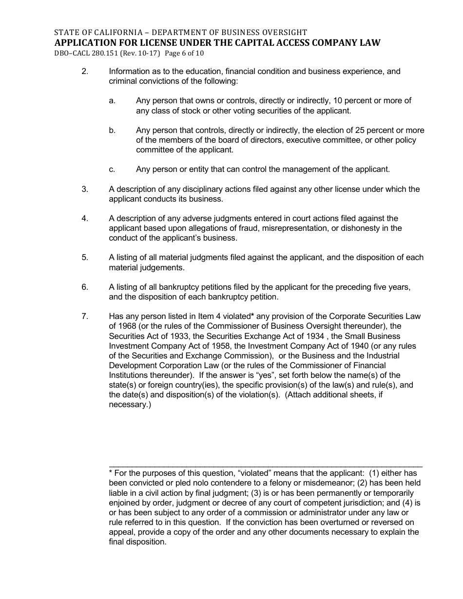 Form DBO-CACL280.151 Application for License Under the Capital Access Company Law - California, Page 6
