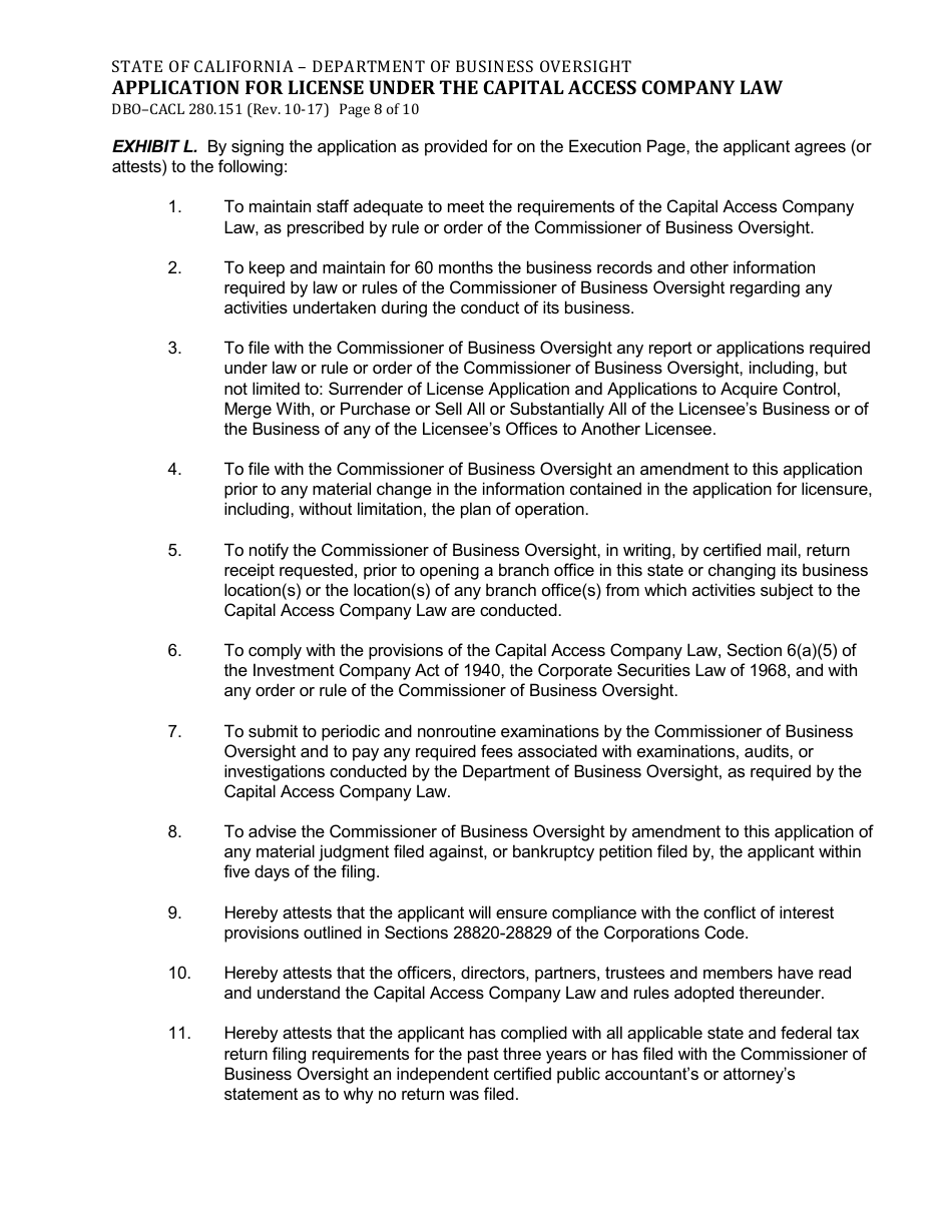 Form DBO-CACL280.151 Application for License Under the Capital Access Company Law - California, Page 8