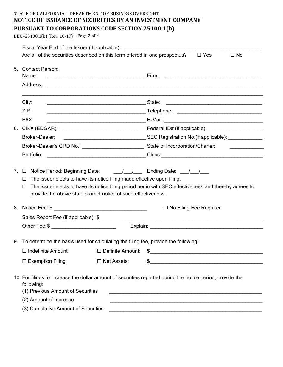 Form DBO-25100.1(B) Notice of Issuance of Securities by an Investment Company Pursuant to Corporations Code Section 25100.1(B) - California, Page 2