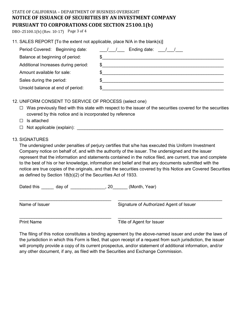 Form DBO-25100.1(B) Notice of Issuance of Securities by an Investment Company Pursuant to Corporations Code Section 25100.1(B) - California, Page 3